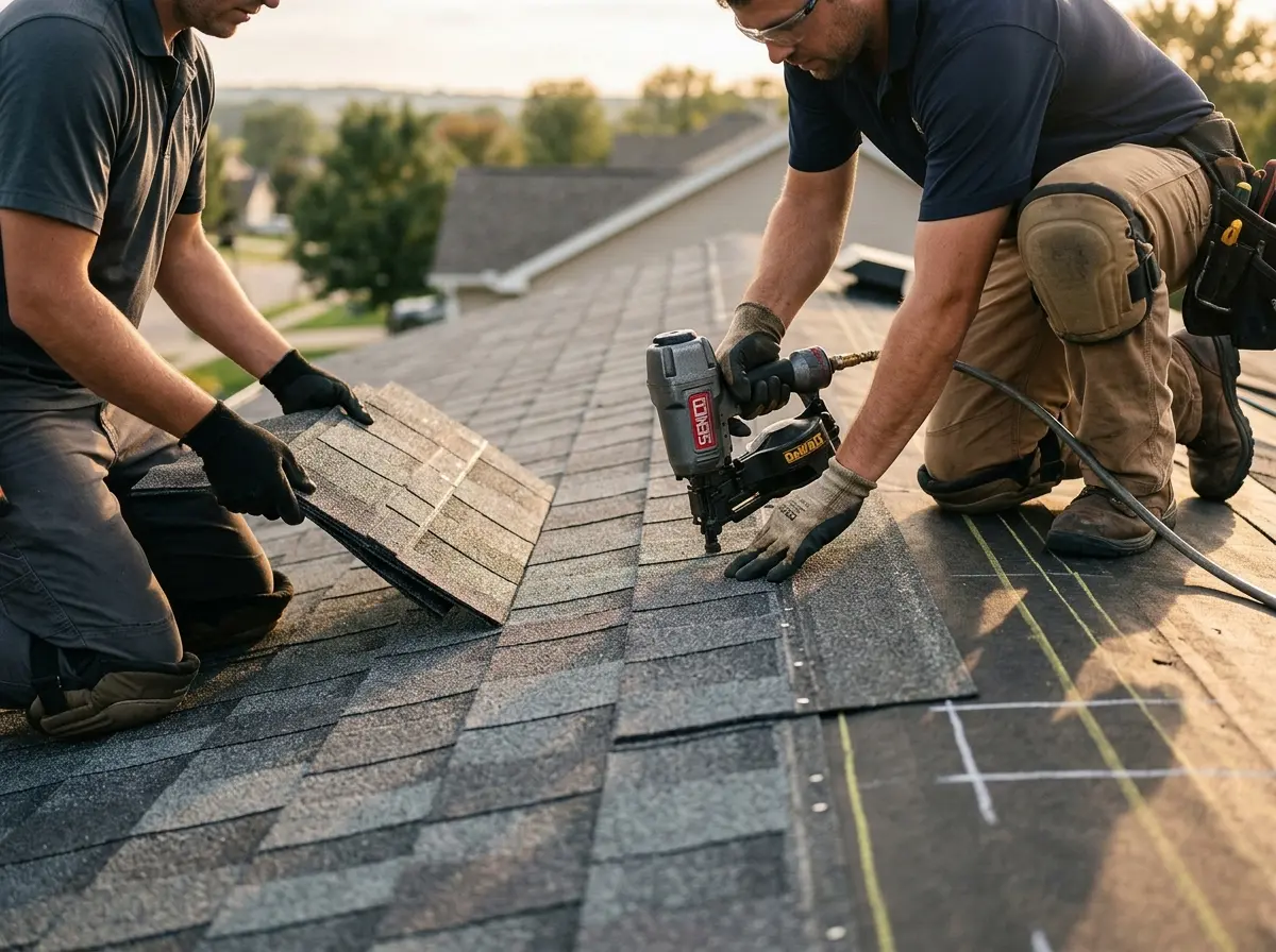 Professional roofer working on a residential roof in Pearsall